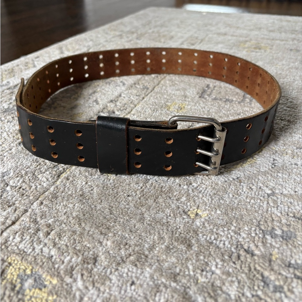 Black Perforated Leather Belt Triple Prong Buckle - Picture 2 of 8